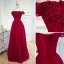 Snygga / Fina Burgundy Aftonklänningar 2020 Prinsessa Av Axeln Paljetter Spets Blomma Appliqués Korta ärm Halterneck Långa Formella Klänningar