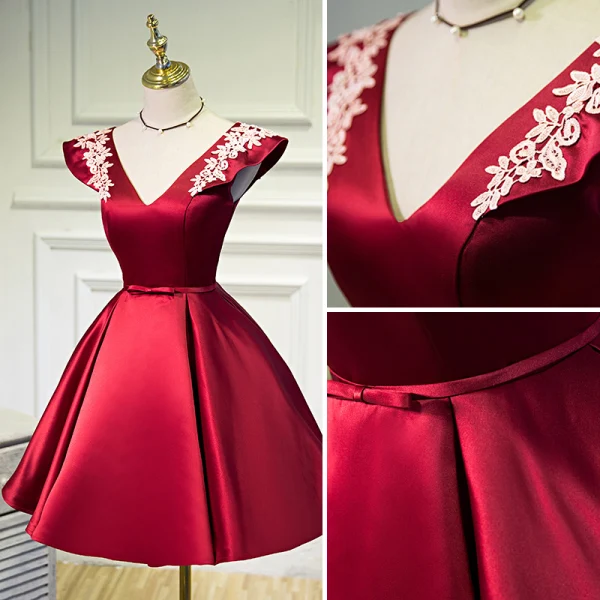 Chic / Beautiful Burgundy Party Dresses 2020 A-Line / Princess V-Neck Lace Flower Sleeveless Backless Short Formal Dresses