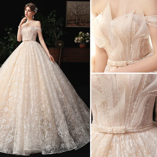 Charming Champagne Wedding Dresses 2020 A-Line / Princess Off-The-Shoulder Beading Bow Pearl Sequins Lace Flower Sleeveless Backless Court Train