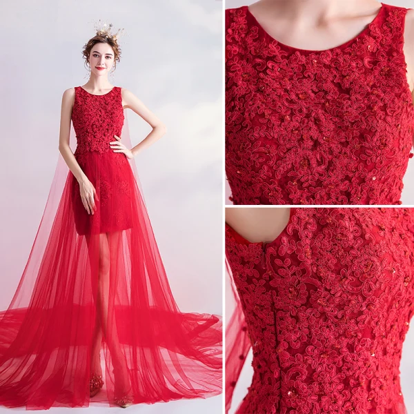 Charming Red Evening Dresses 2020 A-Line / Princess Scoop Neck Beading Sequins Lace Flower Sleeveless Cathedral Train Formal Dresses