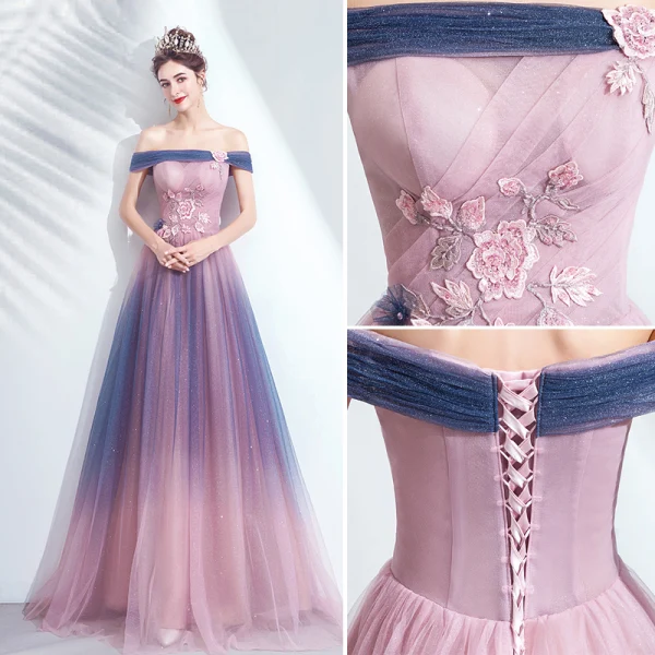 Charmant Dégradé De Couleur Rougissant Rose Robe De Soirée 2020 Princesse De l'épaule Glitter Perlage Cristal Paillettes En Dentelle Fleur Sans Manches Dos Nu Longue Robe De Ceremonie