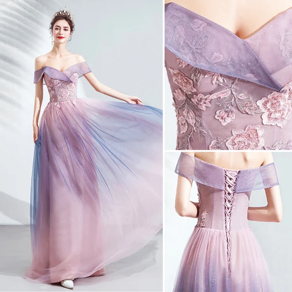 Charmant Rougissant Rose Glitter Robe De Soirée 2020 Princesse De l'épaule Perlage Cristal Paillettes En Dentelle Fleur Sans Manches Dos Nu Longue Robe De Ceremonie