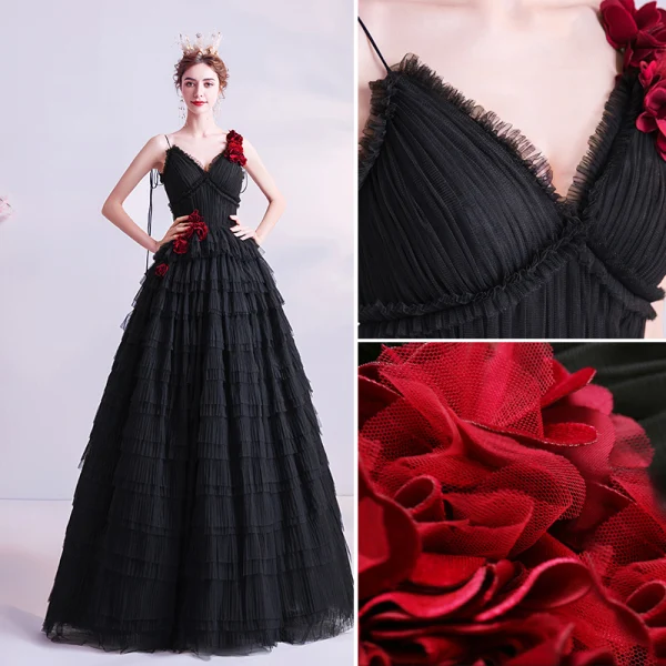 Chic Noire Volants Robe De Bal 2020 Princesse Bretelles Spaghetti Appliques Sans Manches Dos Nu Longue Robe De Ceremonie