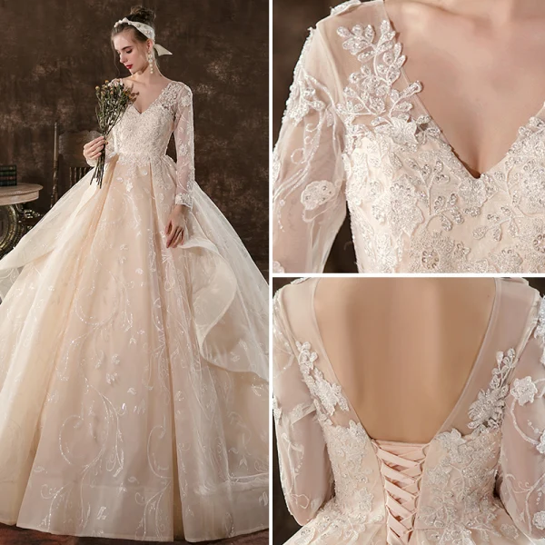 Elegant Ball Gown Champagne Empire Pregnant Wedding Dresses 2020 V-Neck Beading Sequins Lace Flower Long Sleeve Backless Cathedral Train