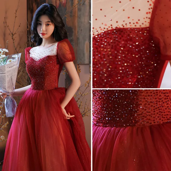 Mode Rouge Robe De Bal 2021 Princesse Encolure Dégagée Perlage Cristal Paillettes Manches Courtes Dos Nu Longue Promo Robe De Ceremonie