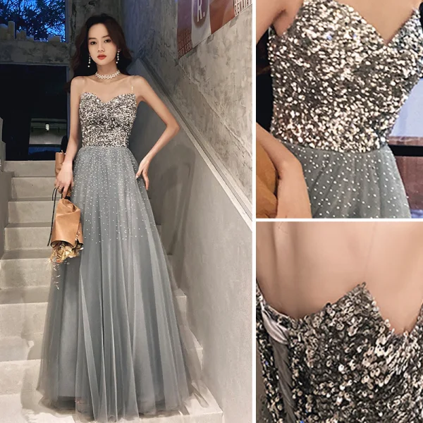 Glitzernden Sexy Silber Glanz Pailletten Abendkleider 2021 A Linie Bandeau Ärmellos Rückenfreies Lange Festliche Kleider