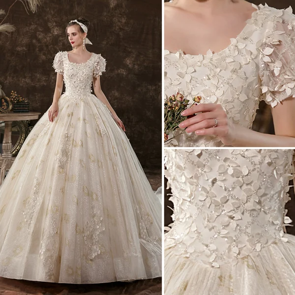Elegante Champagner Ballkleid Brautkleider / Hochzeitskleider 2020 Eckiger Ausschnitt Perlenstickerei Pailletten Applikationen Kurze Ärmel Rückenfreies Kathedrale Schleppe