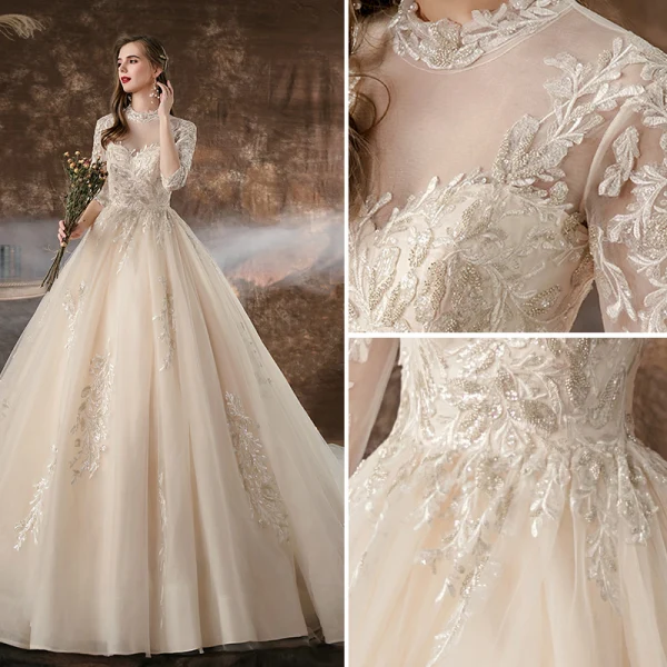 Charmant Champagne Robe De Mariée 2020 Princesse Encolure Dégagée Perlage Paillettes En Dentelle Fleur 3/4 Manches Dos Nu Cathedral Train