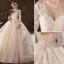 Charmant Champagner Brautkleider / Hochzeitskleider Ballkleid 2020 V-Ausschnitt Perlenstickerei Pailletten Spitze Blumen Lange Ärmel Rückenfreies Kathedrale Schleppe