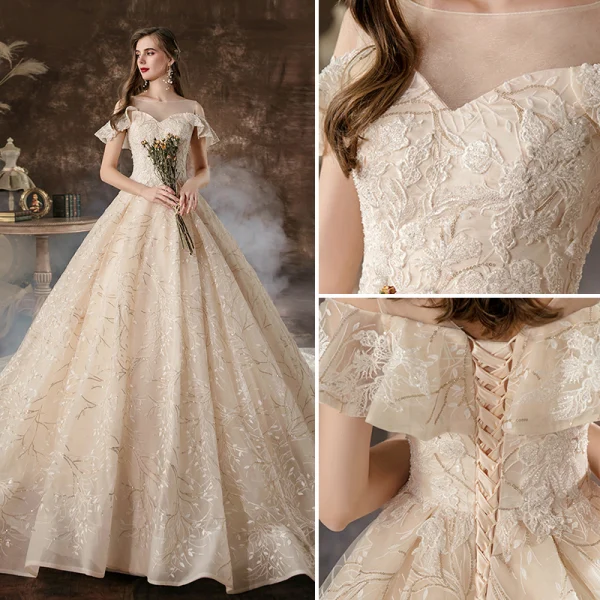 Charmant Champagne Robe De Mariée 2020 Princesse Encolure Dégagée Perlage Paillettes En Dentelle Fleur Manches Courtes Dos Nu Cathedral Train