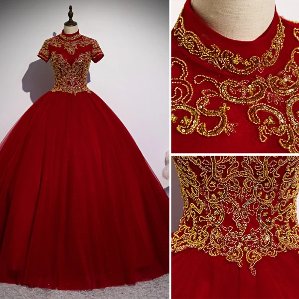 Elegant Burgundy Prom Dresses 2020 Ball Gown High Neck Beading Sequins Short Sleeve Backless Floor-Length / Long Formal Dresses