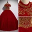 Elegant Burgundy Prom Dresses 2020 Ball Gown High Neck Beading Sequins Short Sleeve Backless Floor-Length / Long Formal Dresses