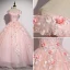 Chic / Beautiful Blushing Pink Prom Dresses 2020 Ball Gown Off-The-Shoulder Beading Pearl Appliques Lace Flower Short Sleeve Backless Floor-Length / Long Formal Dresses