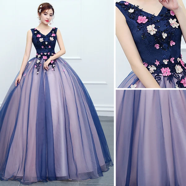 Traditional Navy Blue Prom Dresses 2020 Ball Gown V-Neck Beading Appliques Lace Flower Sleeveless Backless Floor-Length / Long Formal Dresses