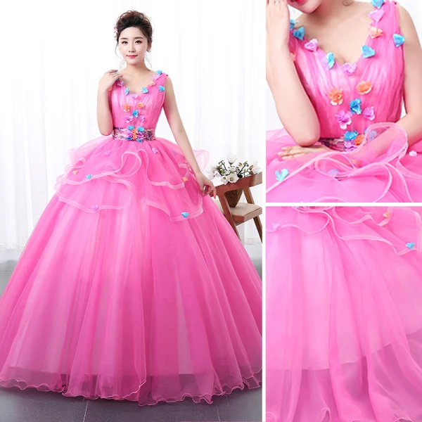 Flower Fairy Fuchsia Prom Dresses 2020 Ball Gown V-Neck Appliques Sleeveless Backless Floor-Length / Long Formal Dresses