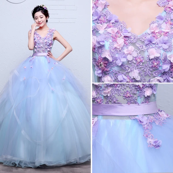 Charming Flower Fairy Sky Blue Prom Dresses 2020 Ball Gown V-Neck Pearl Lace Flower Appliques Sleeveless Backless Cascading Ruffles Floor-Length / Long
