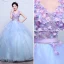 Charming Flower Fairy Sky Blue Prom Dresses 2020 Ball Gown V-Neck Pearl Lace Flower Appliques Sleeveless Backless Cascading Ruffles Floor-Length / Long