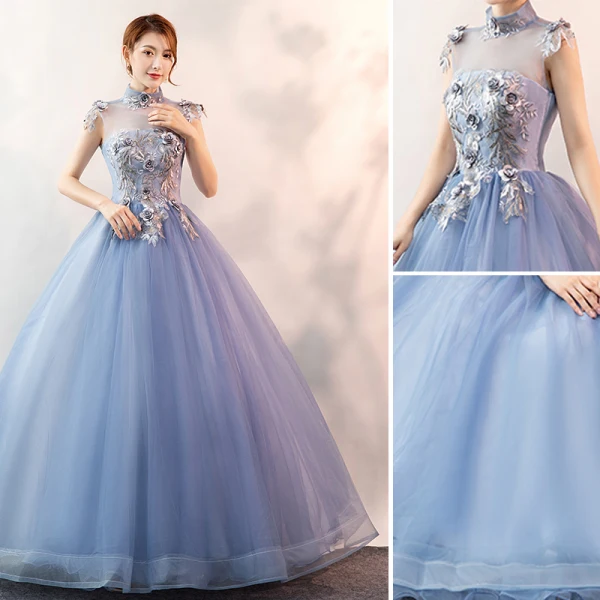 Élégant Bleu Ciel Robe De Bal 2020 Robe Boule Col Haut Perle En Dentelle Fleur Sans Manches Dos Nu Longue Robe De Ceremonie