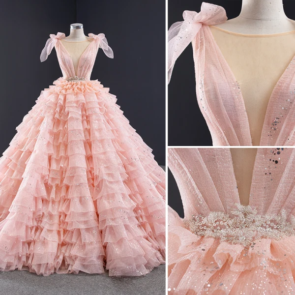 Luxury / Gorgeous Lovely Candy Pink Sequins Wedding Dresses 2023 Ball Gown Scoop Neck Sleeveless Backless Cascading Ruffles Chapel Train