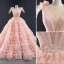 Luxury / Gorgeous Lovely Candy Pink Sequins Wedding Dresses 2023 Ball Gown Scoop Neck Sleeveless Backless Cascading Ruffles Chapel Train