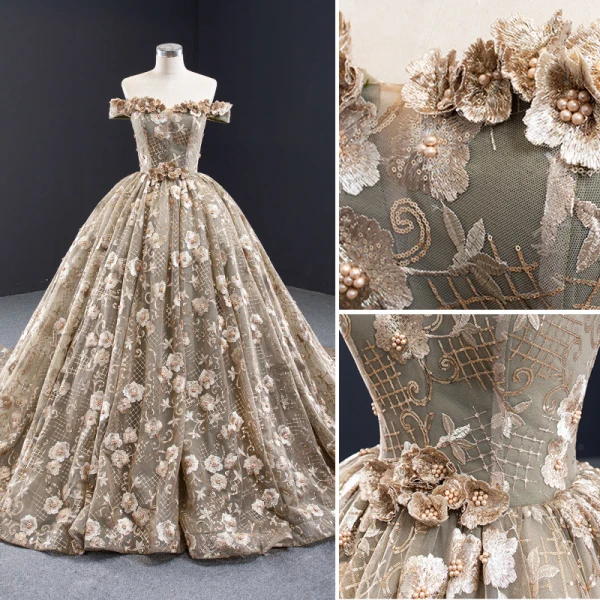 High-end Khaki Prom Dresses 2023 Ball Gown Off-The-Shoulder Handmade Beading Pearl Sequins Lace Flower Sleeveless Backless Royal Train