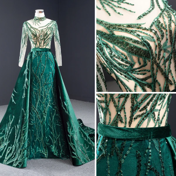 Haut de Gamme Vert Foncé Daim Robe De Soirée 2023 Trompette / Sirène Col Haut Fait main Perlage Paillettes En Dentelle Manches Longues Dos Nu Watteau Train Robe De Ceremonie