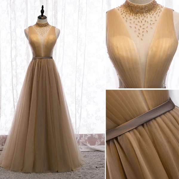 Charming Champagne Evening Dresses 2020 A-Line / Princess High Neck Beading Crystal Sleeveless Backless Floor-Length / Long Formal Dresses