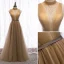 Charming Champagne Evening Dresses  2020 A-Line / Princess High Neck Beading Crystal Sleeveless Backless Floor-Length / Long Formal Dresses