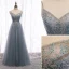 Charmant Gris Robe De Soirée 2020 Princesse Bretelles Spaghetti Perlage Cristal Paillettes Sans Manches Dos Nu Longue Robe De Ceremonie