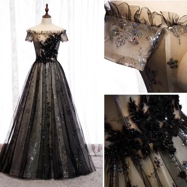 Élégant Noire Robe De Soirée 2020 Princesse De l'épaule Perlage Cristal Paillettes En Dentelle Fleur Manches Courtes Dos Nu Longue Robe De Ceremonie