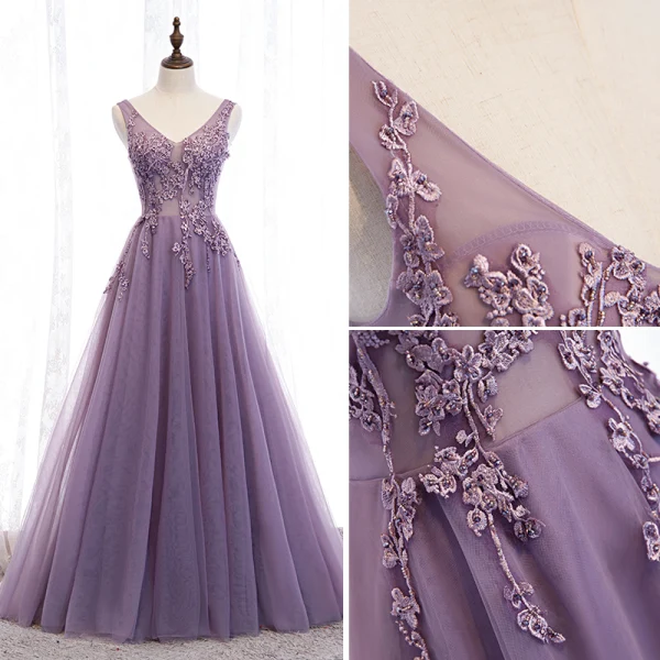 Classy Purple Evening Dresses  2020 A-Line / Princess V-Neck Beading Lace Flower Sleeveless Backless Floor-Length / Long Formal Dresses