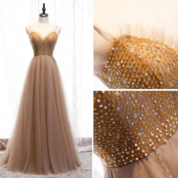Fashion Champagne Evening Dresses 2020 A-Line / Princess Scoop Neck Beading Crystal Rhinestone Sleeveless Backless Floor-Length / Long Formal Dresses