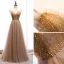 Fashion Champagne Evening Dresses  2020 A-Line / Princess Scoop Neck Beading Crystal Rhinestone Sleeveless Backless Floor-Length / Long Formal Dresses