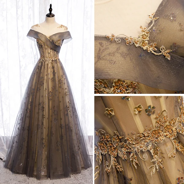 Elegant Champagne Evening Dresses 2020 A-Line / Princess Scoop Neck Beading Sequins Lace Flower Short Sleeve Backless Floor-Length / Long Formal Dresses