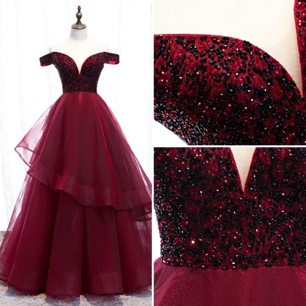 Classy Burgundy Evening Dresses 2020 A-Line / Princess Off-The-Shoulder Beading Crystal Short Sleeve Backless Floor-Length / Long Formal Dresses