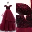 Classy Burgundy Evening Dresses  2020 A-Line / Princess Off-The-Shoulder Beading Crystal Short Sleeve Backless Floor-Length / Long Formal Dresses