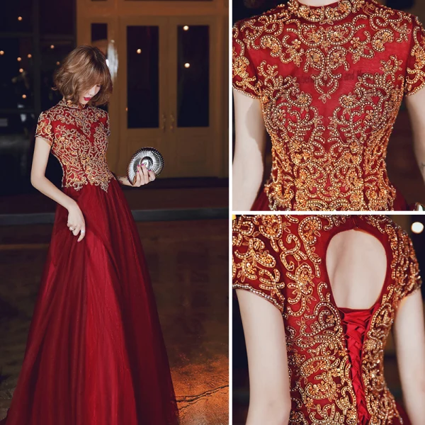 Classy Burgundy Evening Dresses  2020 A-Line / Princess Scoop Neck Beading Rhinestone Lace Flower Short Sleeve Backless Floor-Length / Long Formal Dresses