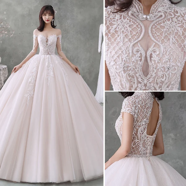 Luxury / Gorgeous Ivory Wedding Dresses 2020 Ball Gown Scoop Neck Beading Pearl Rhinestone 3/4 Sleeve Backless Cathedral Train