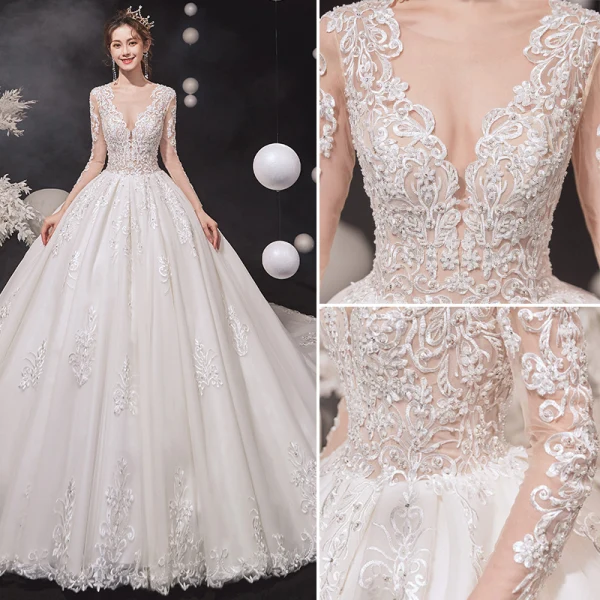 Luxury / Gorgeous Ivory Wedding Dresses 2020 Ball Gown Scoop Neck Beading Lace Flower Long Sleeve Backless Cathedral Train