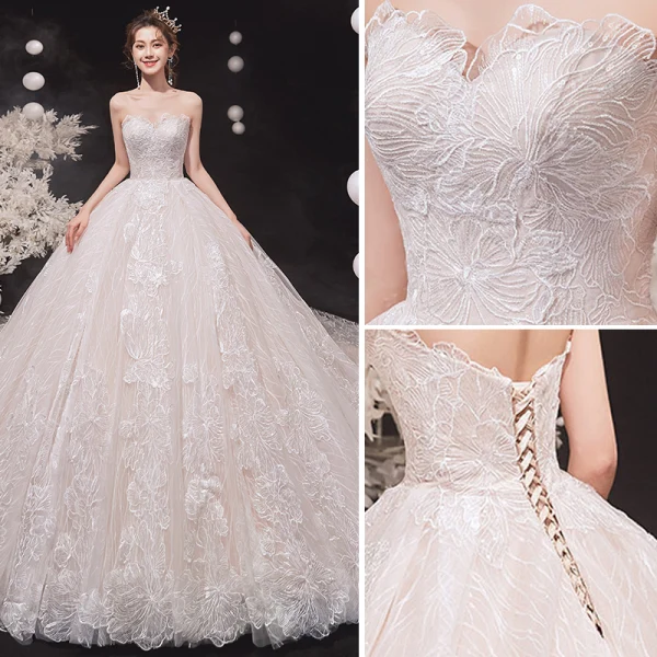 Charming Ivory Wedding Dresses 2020 Ball Gown Strapless Sequins Lace Flower Sleeveless Backless Royal Train