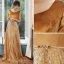 Sparkly Gold Evening Dresses  2020 A-Line / Princess Suede V-Neck Sequins 1/2 Sleeves Backless Floor-Length / Long Formal Dresses