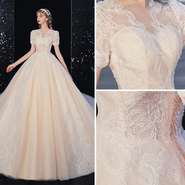 High-end Ivory Lace Flower Wedding Dresses 2020 Ball Gown Scoop Neck Beading Pearl Short Sleeve Covered Button Cathedral Train