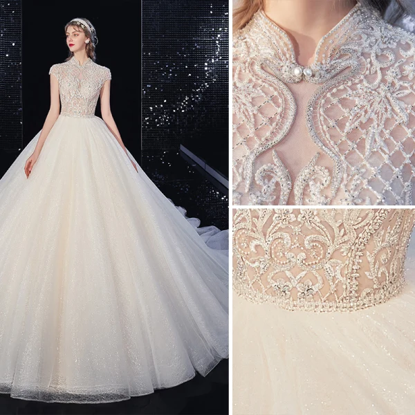 Chinese style Ivory Beading Wedding Dresses 2020 Ball Gown Scoop Neck Pearl Rhinestone Short Sleeve Backless Cathedral Train