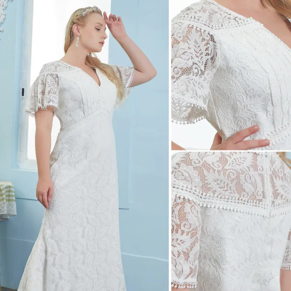 Modest / Simple Ivory Plus Size Wedding Dresses 2021 Trumpet / Mermaid V-Neck Lace Flower Short Sleeve Floor-Length / Long Wedding