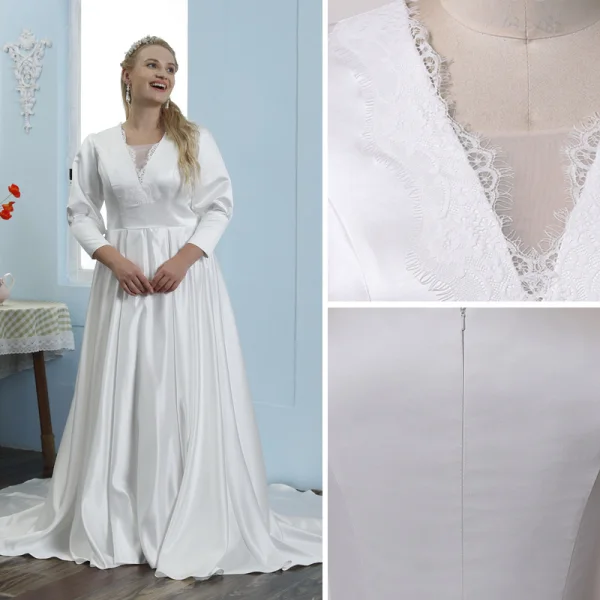 Schlicht Ivory / Creme Satin Plus Größe Brautkleider / Hochzeitskleider 2021 A Linie Eckiger Ausschnitt 3/4 Ärmel Hof-Schleppe Hochzeit