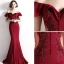 Chic / Beautiful Burgundy Evening Dresses  2020 Trumpet / Mermaid Off-The-Shoulder Beading Lace Flower Short Sleeve Backless Floor-Length / Long Formal Dresses