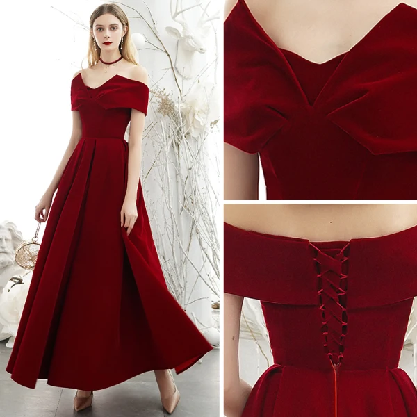 Chic / Beautiful Burgundy Suede Evening Dresses 2020 A-Line / Princess High Neck Off-The-Shoulder Short Sleeve Backless Floor-Length / Long Formal Dresses