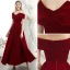 Chic / Beautiful Burgundy Suede Evening Dresses  2020 A-Line / Princess High Neck Off-The-Shoulder Short Sleeve Backless Floor-Length / Long Formal Dresses