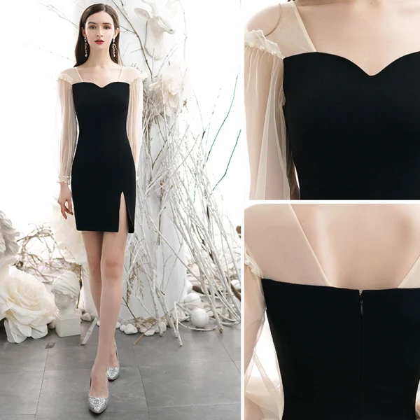 Sexy Noire Robe De Fete 2020 Encolure Carrée Manches Longues Dos Nu Courte Robe De Ceremonie