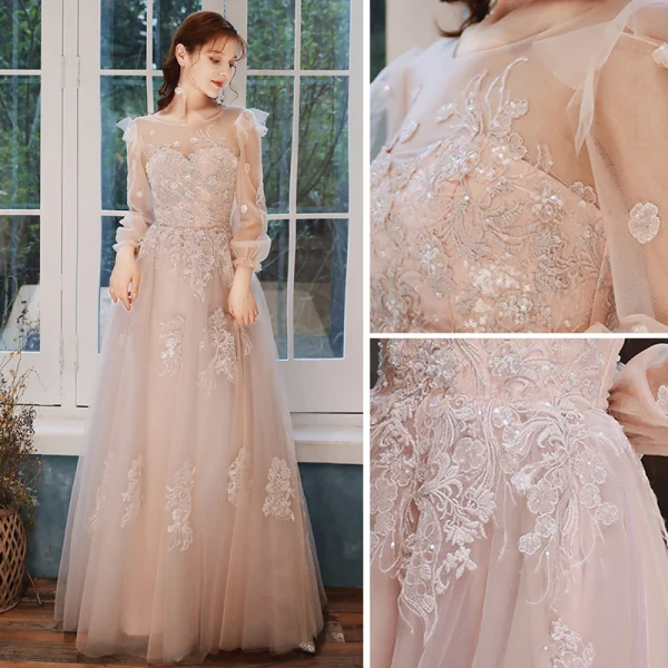 Elegant Pearl Pink Evening Dresses 2020 A-Line / Princess Scoop Neck Beading Sequins Lace Flower Long Sleeve Backless Floor-Length / Long Formal Dresses